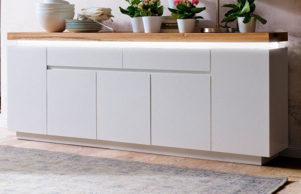 Sideboard Romina in matt wei echt Lack mit Eiche massiv Kommode inkl. dimmbarer LED Beleuchtung 200 x 81 cm