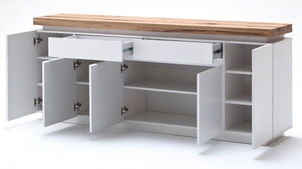 Sideboard Romina in matt wei echt Lack mit Eiche massiv Kommode inkl. dimmbarer LED Beleuchtung 200 x 81 cm