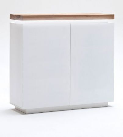 Highboard Romina in matt wei echt Lack mit Eiche massiv inkl. dimmbarer LED Beleuchtung 120 x 114 cm