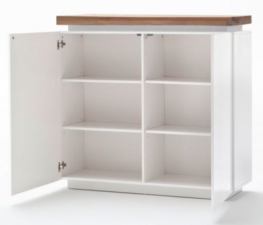 Highboard Romina in matt wei echt Lack mit Eiche massiv inkl. dimmbarer LED Beleuchtung 120 x 114 cm