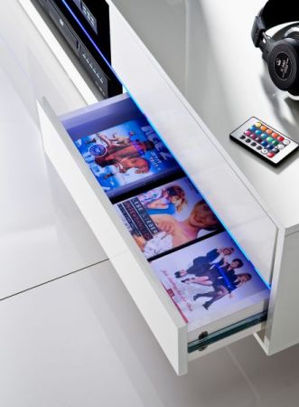 TV-Lowboard Blues in Hochglanz weiß echt Lack TV-Unterteil inkl. LED Beleuchtung 160 x 36 cm