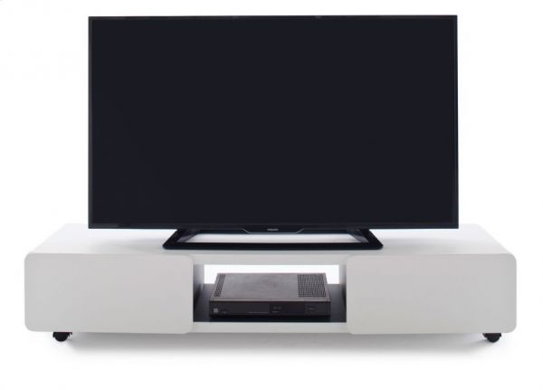 TV-Lowboard Jeff in weiß matt mit Anthrazit Fernsehtisch auf Rollen 140 x 28 cm