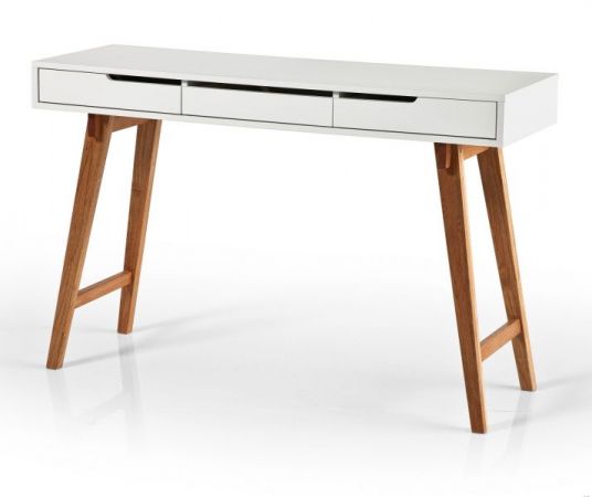 Schreibtisch "Anneke" matt weiß lackiert und Massivholz für Homeoffice und Büro 120 x 40 cm