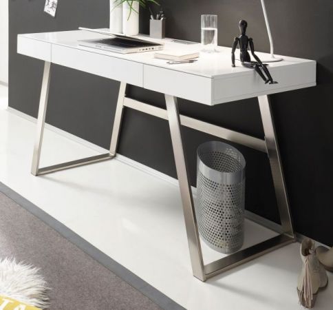 Schreibtisch Aspen in matt weiß lackiert und Edelstahl mit Schubladen für Homeoffice und Büro 140 x 60 cm