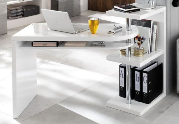 Schreibtisch Mattis in weiß Hochglanz Lack schwenkbarer Eckschreibtisch für Homeoffice und Büro 145 x 50 cm