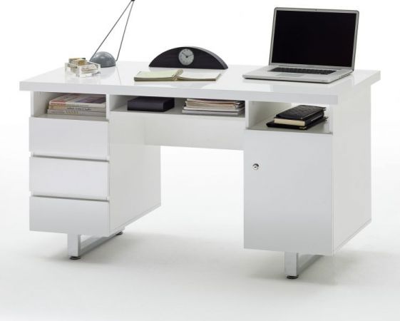 Schreibtisch Sydney in Hochglanz weiß lackiert Laptoptisch mit Schubkästen für Homeoffice und Büro 140 x 60 cm