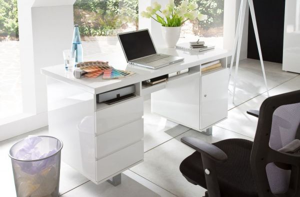 Schreibtisch "Sydney" in weiß Hochglanz lackiert Laptoptisch mit Schubkästen für Homeoffice und Büro 140 x 60 cm