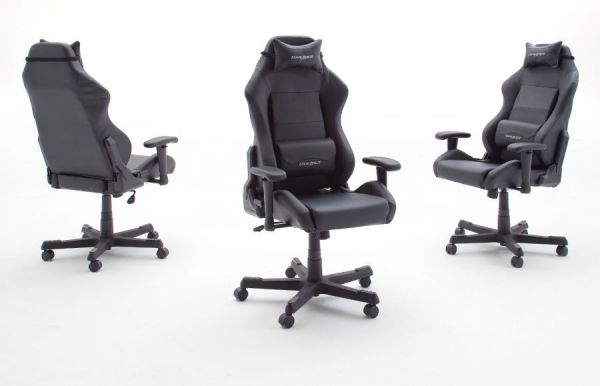 Bürostuhl DX-Racer in Kunstleder schwarz mit Wippmechanik Chefsessel inkl. 2 verstellbarer Stützkissen Gaming Stuhl
