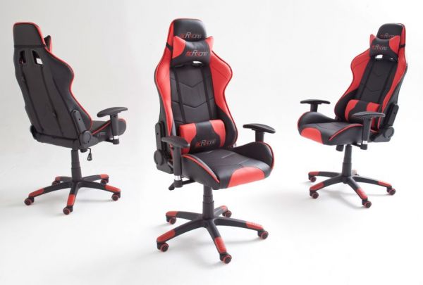 Bürostuhl Mc Racing in Kunstleder schwarz und rot mit Wippmechanik Chefsessel inkl. 2 verstellbarer Stützkissen Gaming Stuhl