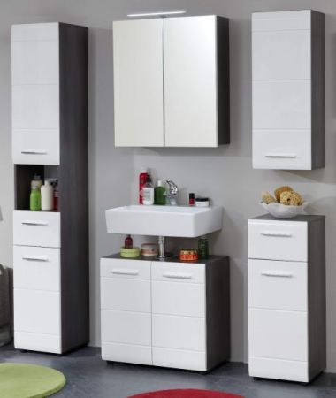 Badezimmer Badmbel Set Line  in wei Hochglanz und Sardegna grau Rauchsilber 5-teilig 150 x 182 cm