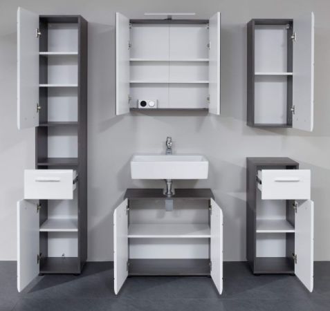 Badezimmer Badmbel Set Line  in wei Hochglanz und Sardegna grau Rauchsilber 5-teilig 150 x 182 cm