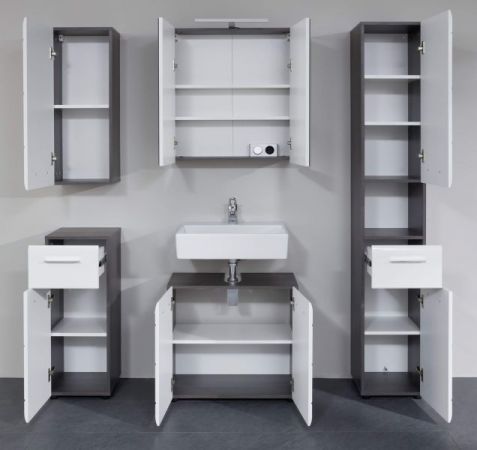 Badezimmer Badmbel Set Line  in wei Hochglanz und Sardegna grau Rauchsilber 5-teilig 150 x 182 cm