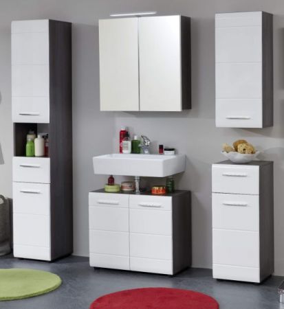 Badezimmer Badmbel Set Line in wei Hochglanz und Sardegna grau Rauchsilber Badkombination 2-teilig 60 x 182 cm