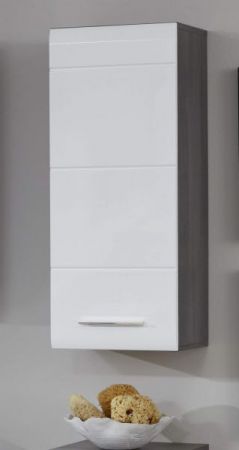 Badezimmer Hängeschrank Line in weiß Hochglanz und Sardegna grau Rauchsilber Badschrank 30 x 77 cm