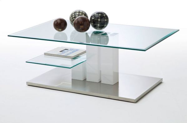 Couchtisch Nils in Hochglanz weiß mit Glastischplatten und Edelstahl Wohnzimmertisch 110 x 70 cm
