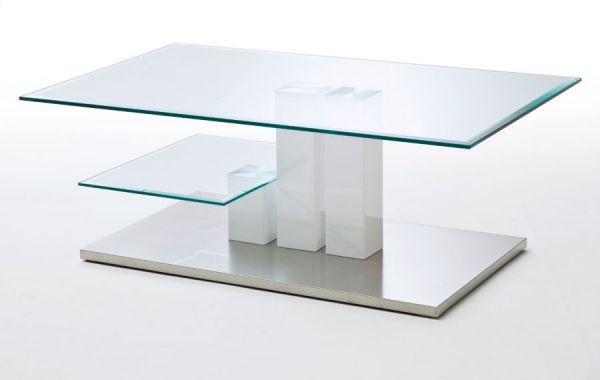 Couchtisch Nils in Hochglanz weiß mit Glastischplatten und Edelstahl Wohnzimmertisch 110 x 70 cm