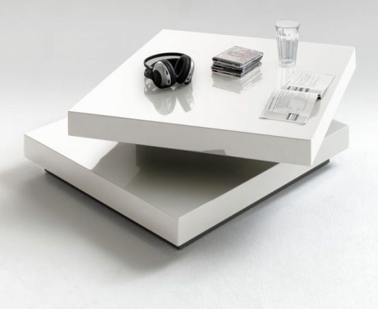 Couchtisch Hugo in Hochglanz wei lackiert Wohnzimmertisch drehbar quadratisch 75 x 75 cm