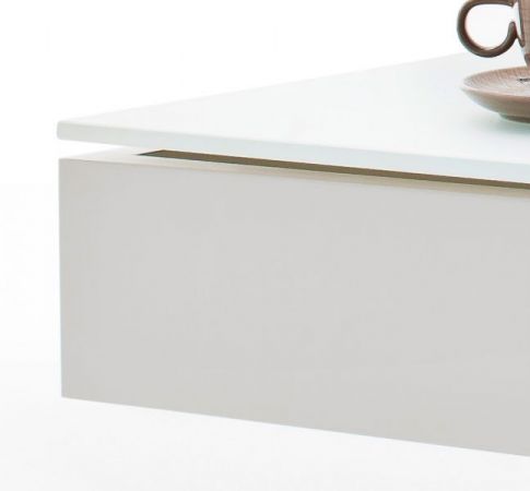Couchtisch Mariko in matt weiß lackiert Beistelltisch mit drehbarer Tischplatte Glas und Edelstahl 75 x 75 cm quadratisch
