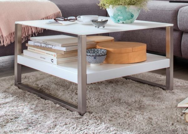 Couchtisch Baveno in matt wei lackiert und Edelstahl Wohnzimmertisch mit Glastischplatte 65 x 65 cm