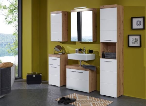Badezimmer Hochschrank Amanda in wei Hochglanz und Asteiche Badschrank 37 x 190 cm