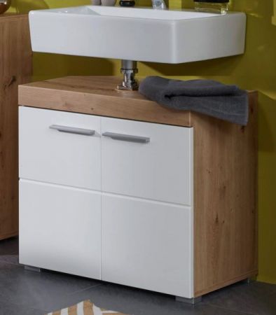 Badezimmer Waschbeckenunterschrank Amanda in weiß Hochglanz und Eiche Badschrank 60 x 56 cm