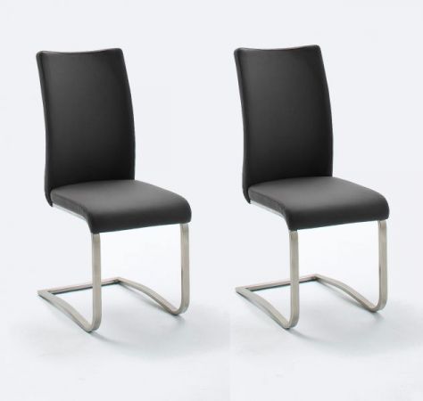2 x Stuhl Arco in Schwarz Kunstleder und Edelstahl Freischwinger Flachrohr Esszimmerstuhl 2er Set