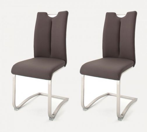 2 x Stuhl Artos in Braun Kunstleder und Edelstahl Freischwinger mit Griffloch Flachrohr Esszimmerstuhl 2er Set