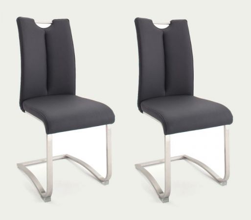 2 x Stuhl Artos in Schwarz Kunstleder und Edelstahl Freischwinger mit Griffloch Flachrohr Esszimmerstuhl 2er Set