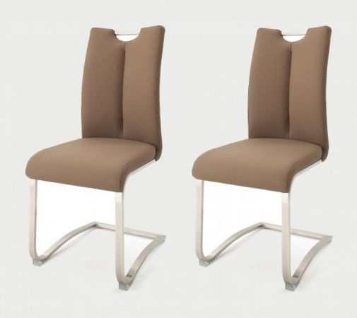 2 x Stuhl Artos in Cappuccino Leder und Edelstahl Freischwinger mit Griffloch Flachrohr Esszimmerstuhl 2er Set