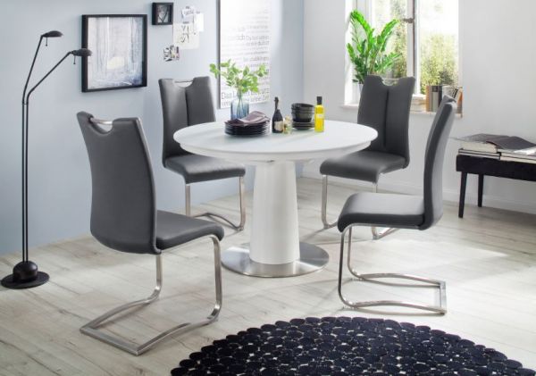 2 x Stuhl Artos in Grau Leder und Edelstahl Freischwinger mit Griffloch Flachrohr Esszimmerstuhl 2er Set