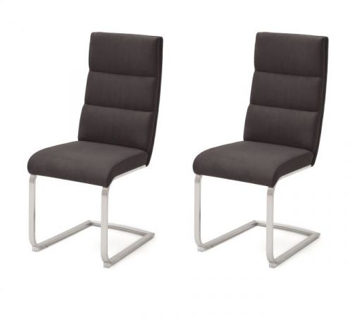 2 x Stuhl Giulia in Anthrazit Leder und Edelstahl Freischwinger mit Griff hinten Flachrohr Esszimmerstuhl 2er Set