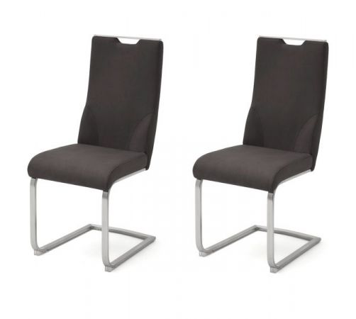 2 x Stuhl Giulia in Anthrazit Leder und Edelstahl Freischwinger mit Griffloch Flachrohr Esszimmerstuhl 2er Set