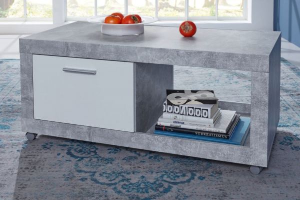 Couchtisch auf Rollen in Stone Design grau und wei Wohnzimmertisch 110 x 59 cm mit Klappe und Ablage