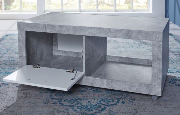 Couchtisch auf Rollen in Stone Design grau und weiß Wohnzimmertisch 110 x 59 cm mit Klappe und Ablage
