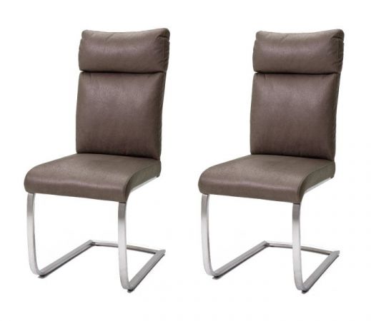 2 x Stuhl Rabea in Braun Vintage Lederlook und Edelstahl Freischwinger mit Griff hinten Esszimmerstuhl 2er Set