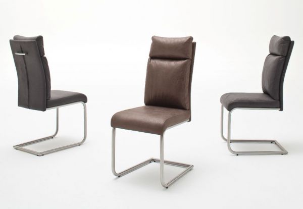 2 x Stuhl Pia in Braun Vintage Lederlook und Edelstahl Freischwinger mit Griff hinten Esszimmerstuhl 2er Set