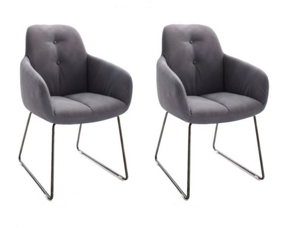 2 x Stuhl mit Armlehne Tessera in Grau Kunstleder und Kufengestell Anthrazit lackiert Esszimmerstuhl 2er Set Clubsessel