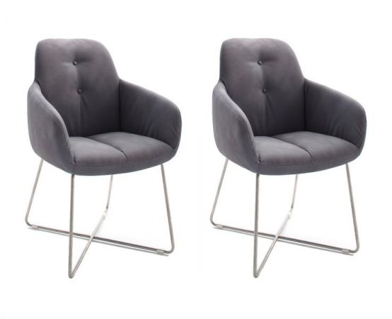 2 x Stuhl mit Armlehne Tessera in Grau Kunstleder und X-Kufen Gestell Edelstahl Esszimmerstuhl 2er Set Clubsessel