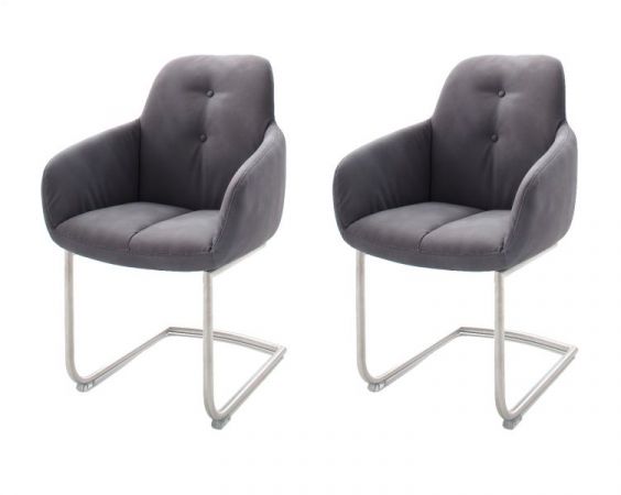 2 x Stuhl mit Armlehne Tessera in Grau Kunstleder und Freischwinger Edelstahl Esszimmerstuhl 2er Set Clubsessel