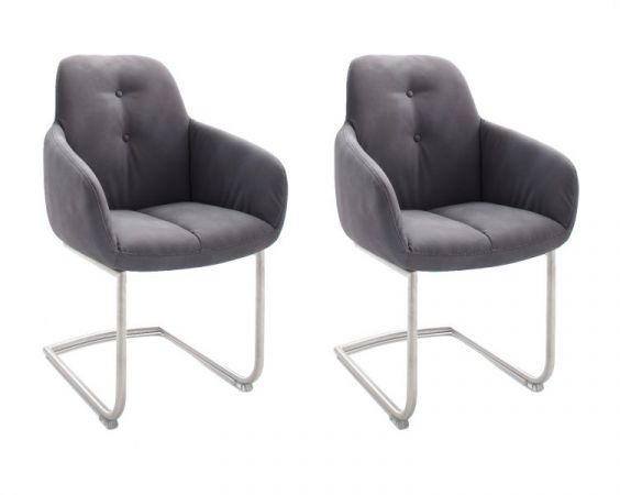 2 x Stuhl mit Armlehne Tessera in Grau Kunstleder und Freischwinger Edelstahl Esszimmerstuhl 2er Set Clubsessel