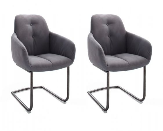 2 x Stuhl mit Armlehne Tessera in Grau Kunstleder und Freischwinger Anthrazit lackiert Esszimmerstuhl 2er Set Clubsessel