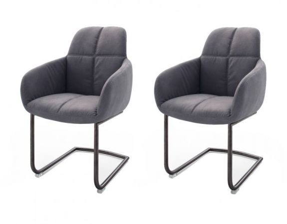 2 x Stuhl mit Armlehne Tessera in Grau Kunstleder und Freischwinger Anthrazit lackiert Esszimmerstuhl 2er Set Clubsessel