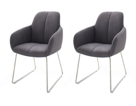 2 x Stuhl mit Armlehne Tessera in Grau Kunstleder und Kufengestell Edelstahl Esszimmerstuhl 2er Set Clubsessel