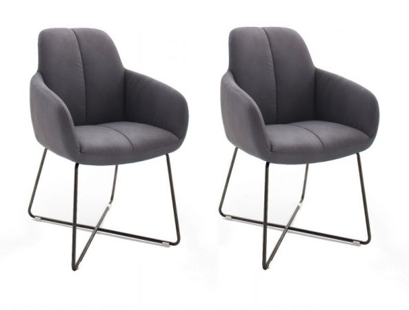 2 x Stuhl mit Armlehne Tessera in Grau Kunstleder und X-Kufen Gestell Anthrazit lackiert Esszimmerstuhl 2er Set Clubsessel