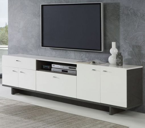 TV-Lowboard Makaria in Hochglanz weiß und Betonoptik dunkelgrau TV-Unterteil 209 x 58 cm Fernsehtisch