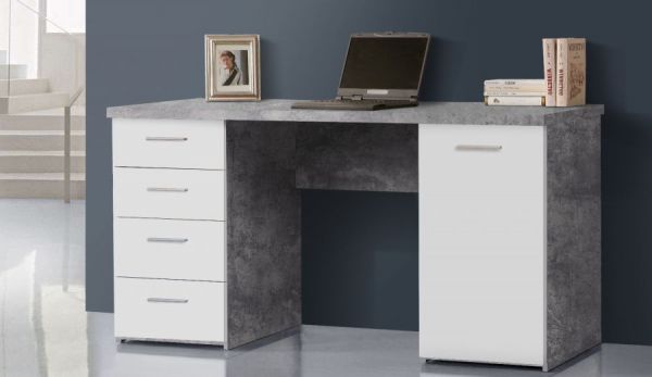 Schreibtisch "Net" in Beton Design grau und weiß Laptoptisch mit Schubkästen für Homeoffice und Büro 145 x 76 cm