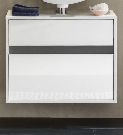 Badezimmer Waschbeckenunterschrank "SOL" in weiß Hochglanz lackiert und grau Badschrank hängend 67 x 52 cm