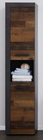 Badezimmer Hochschrank Cancun / Indy in Old Used Wood und grau 36 x 184 cm