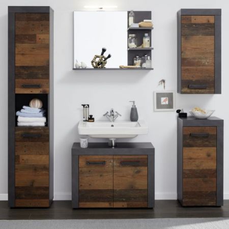 Badezimmer Hochschrank Cancun / Indy in Old Used Wood und grau 36 x 184 cm