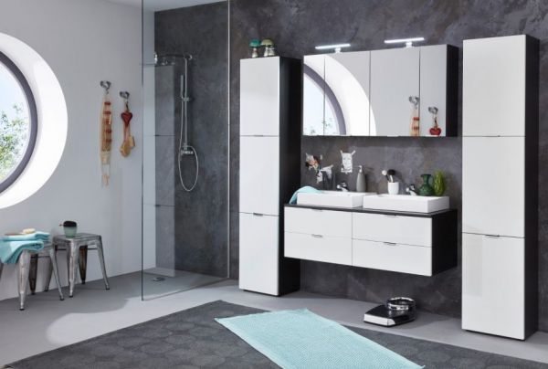 Badezimmer Badmöbel Set "Concept1" in weiß Hochglanz und Graphit grau 3-teilig inkl. Waschbecken 60 x 192 cm